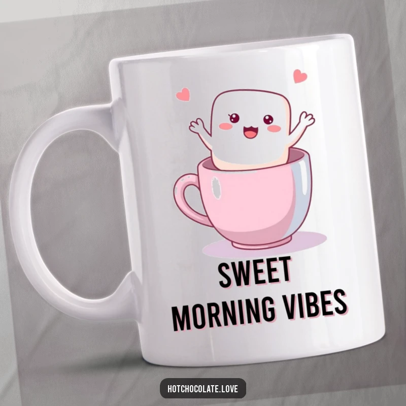 Funny Marshmallow Mug with a happy, waving marshmallow floating contentedly, bringing warmth and humor.