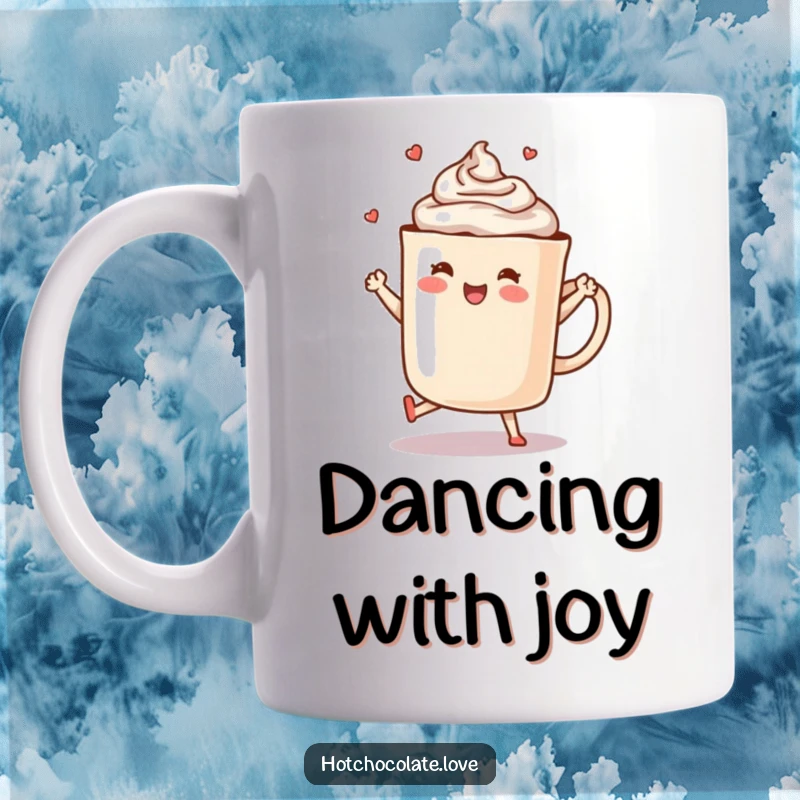 Funny Hot Chocolate Mug: A steaming mug of hot chocolate performs a joyful dance with glee.