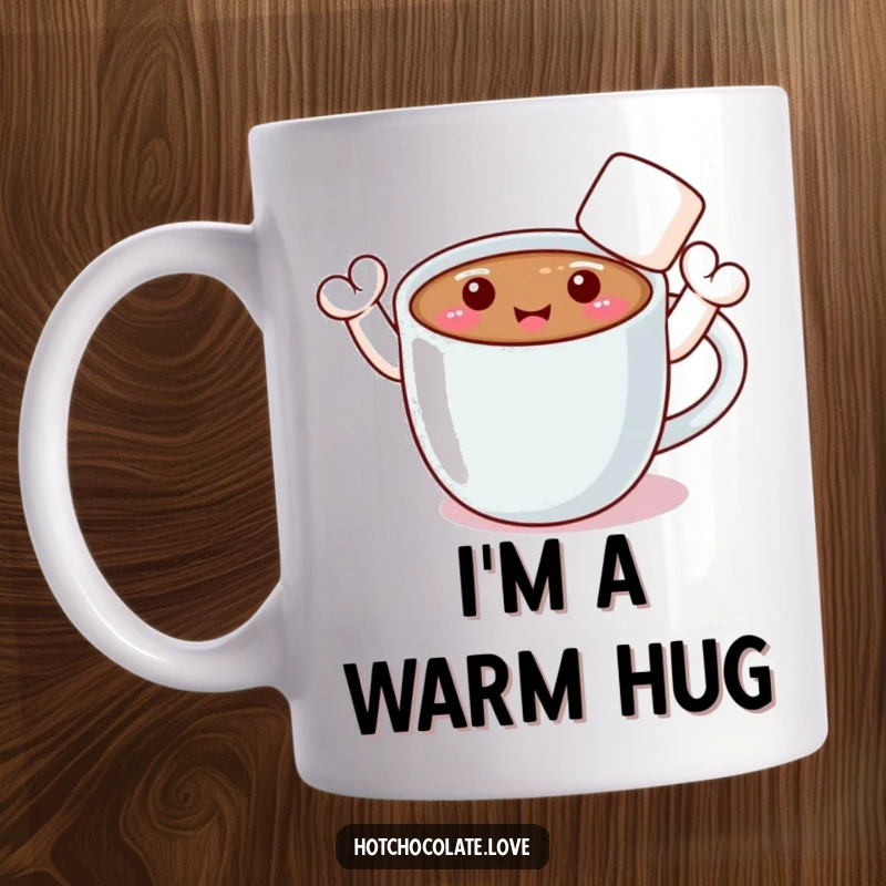 Funny mug of hot chocolate with marshmallow arms waving hello, a warm and inviting embrace for your favorite beverage.