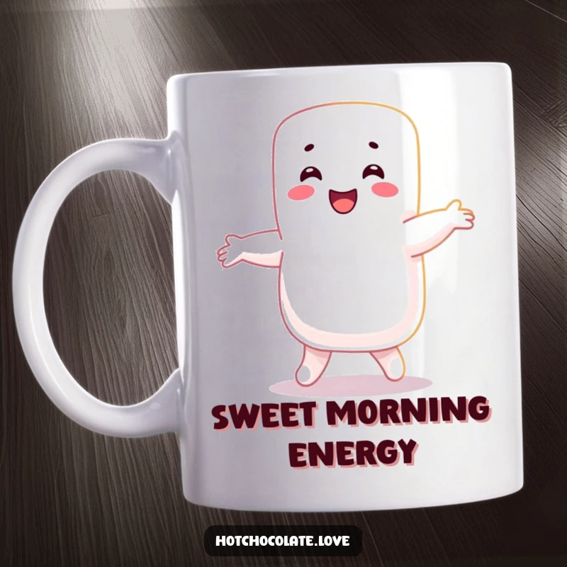 Funny Marshmallow Mug: A happy marshmallow person is captured mid-joyful dance, radiating pure delight and sugary fun.