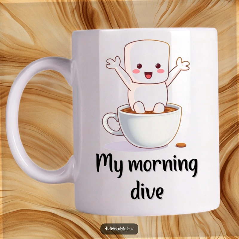 Funny mug with a cheerful marshmallow character joyfully leaping into a steaming mug of hot chocolate, embodying pure, sweet delight.