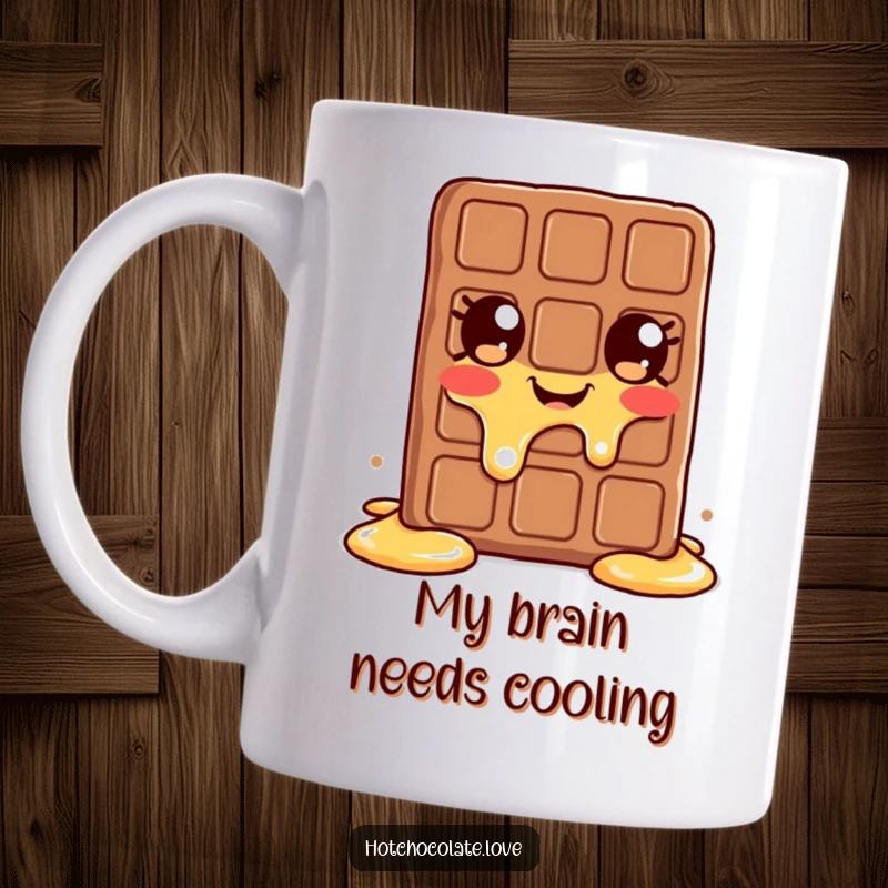 Funny melting chocolate bar mug with wide eyes, joyfully dripping warm chocolate, spreading happiness and deliciousness.