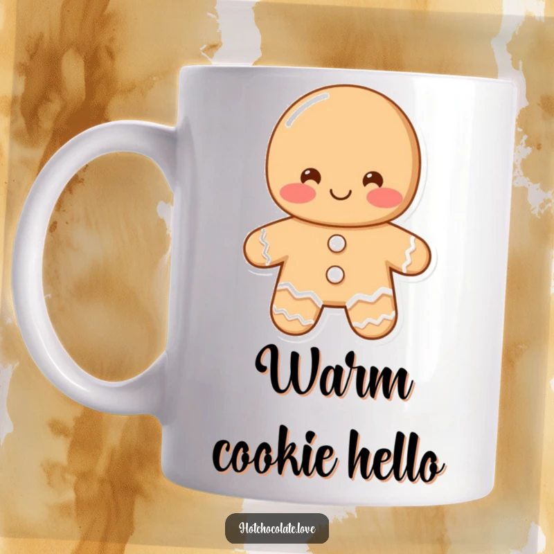 Funny gingerbread man mug depicting a shy, blushing gingerbread man offering a warm, friendly greeting, perfect for a cheerful kitchen.