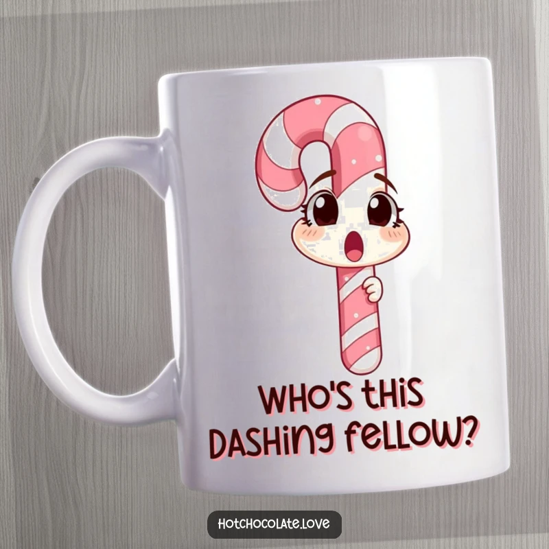 Funny candy cane character looking surprised at its reflection in a mirror, depicted on a mug for festive humor.