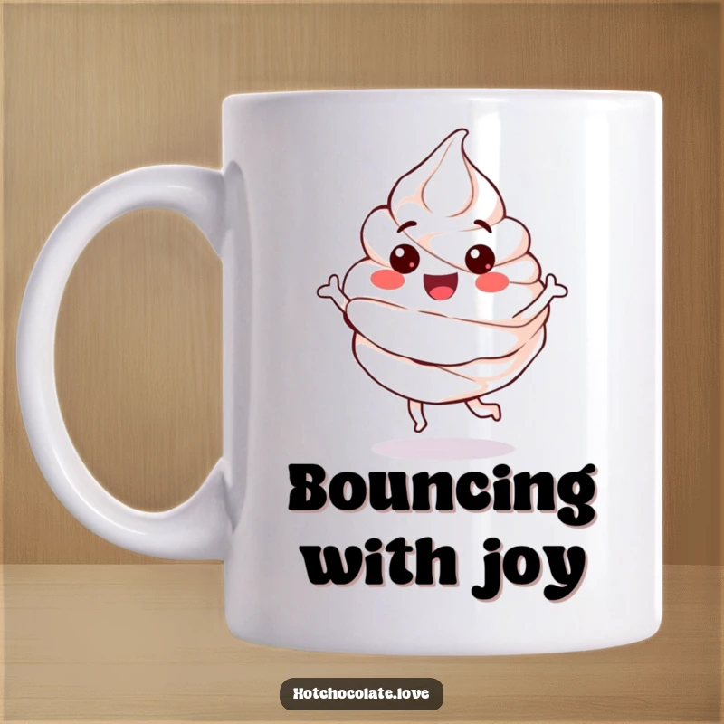 Funny Mug featuring a happy, anthropomorphic whipped cream dollop mid-bounce, radiating sweet and playful energy.