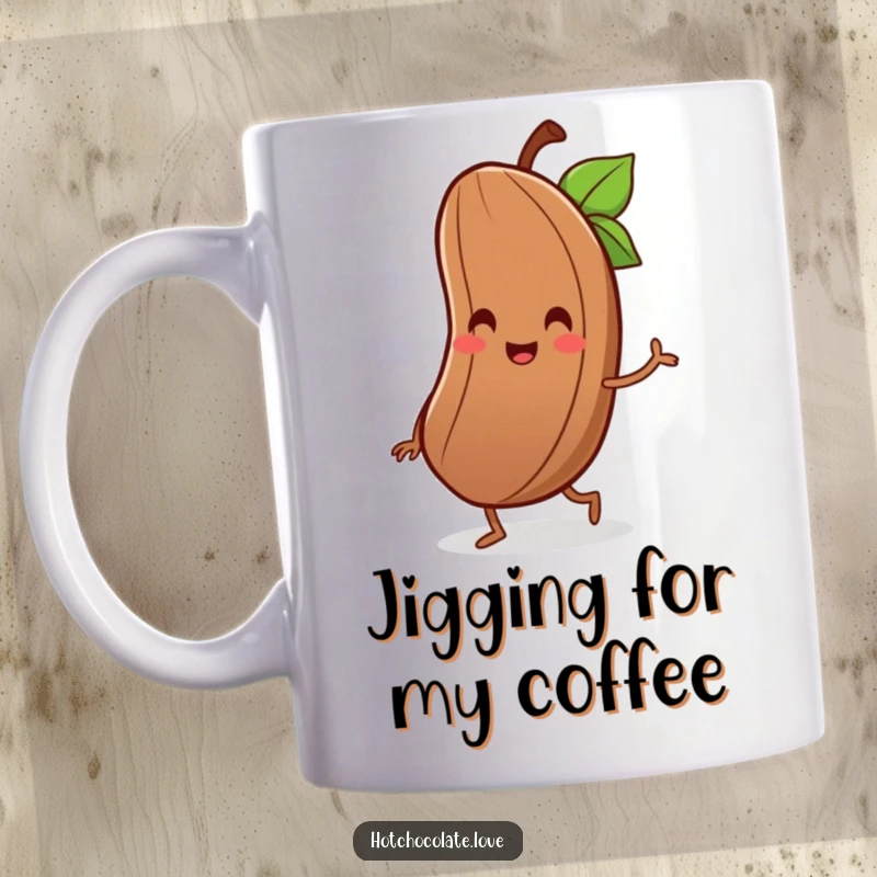 Funny mug featuring a delighted cocoa bean with a tiny smile, joyfully performing a little jig.