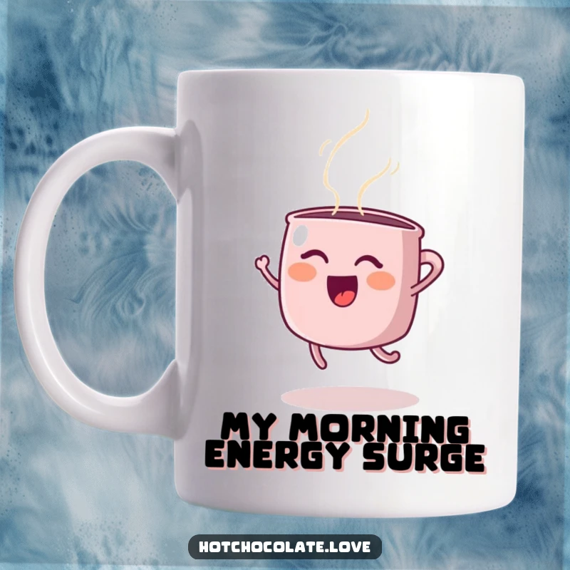 Funny mug design featuring a happy steaming mug gleefully jumping, embodying pure joy, perfect for a funny gift.