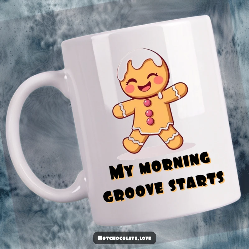 Funny Gingerbread Man Mug featuring a winking character performing a playful dance with charmingly dripping icing.