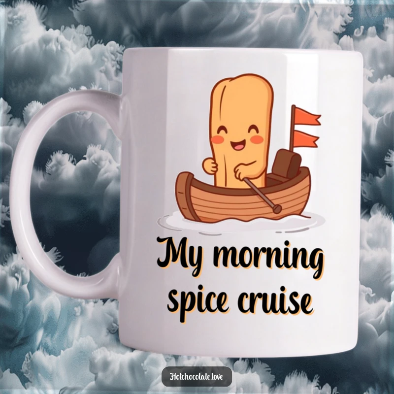 Funny cinnamon stick character rowing a miniature chocolate boat in a mug, looking gleefully humorous and ready for adventure.