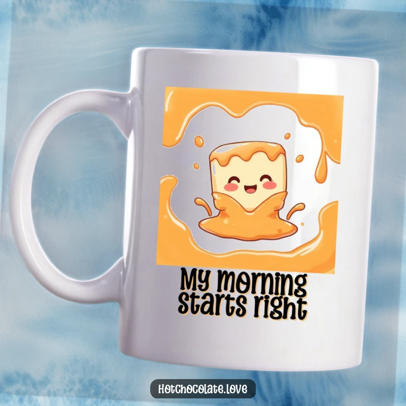 Funny mug featuring a joyful caramel cube character melting happily into a pool of rich, delicious liquid, perfect for your coffee break.