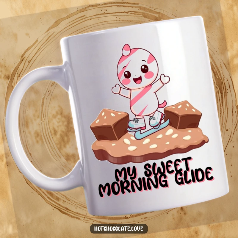 Funny candy cane character ice skating gleefully on a rich chocolate surface, bringing holiday cheer and laughter to this mug.