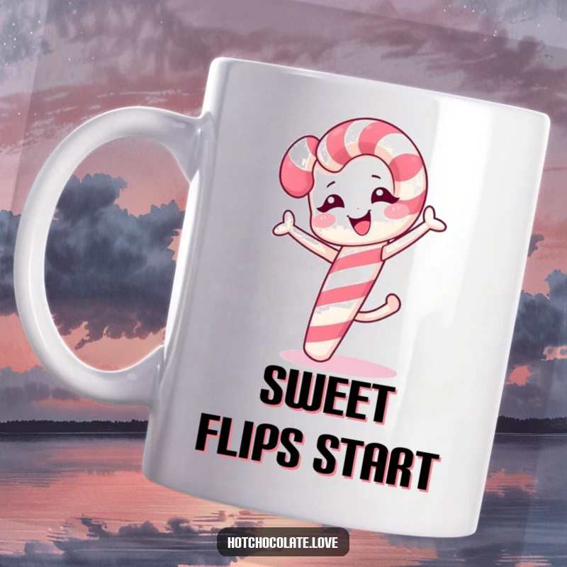 Funny winking candy cane performing a cartwheel, depicted on a cheerful coffee mug.