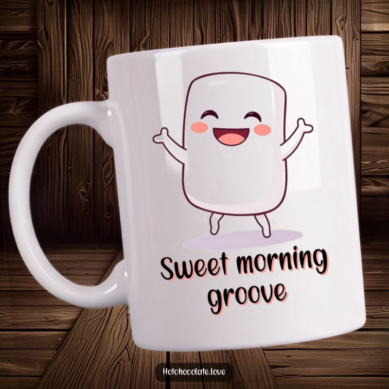 Funny mug design featuring a grinning marshmallow doing a silly, joyous dance, radiating fun and sweetness, perfect funny gift.
