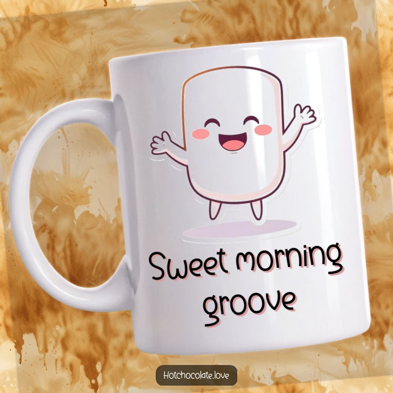 Funny grinning marshmallow doing a silly dance, radiating pure joy and sweetness, perfect for a delightful beverage.