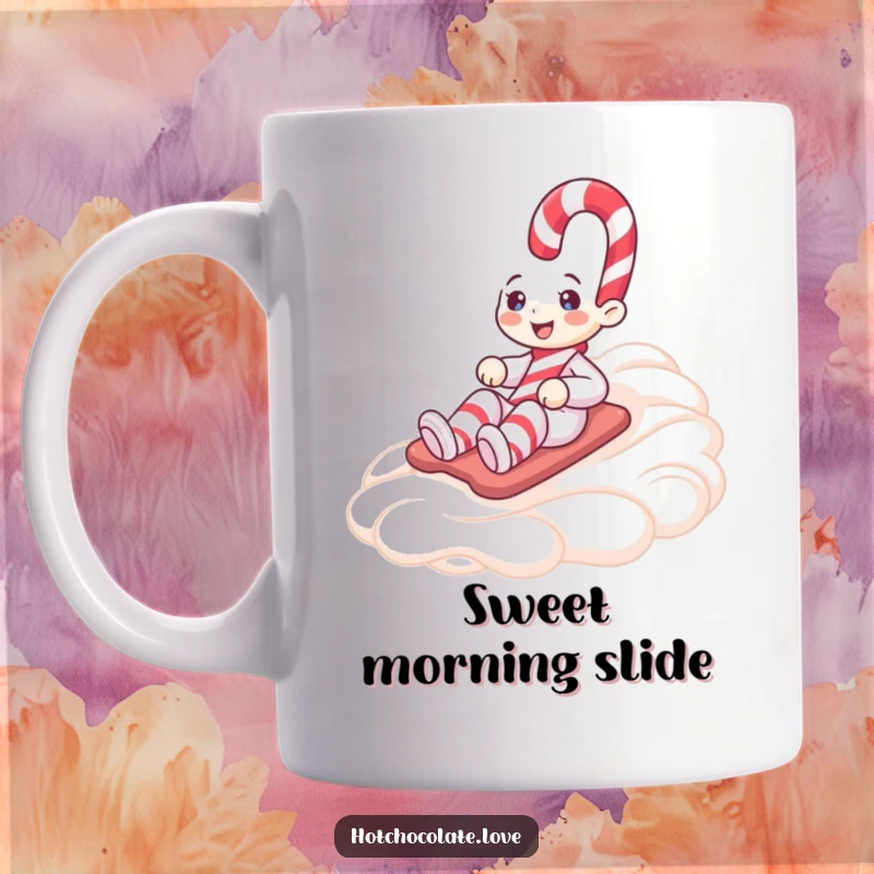 Funny mug featuring a smiling candy cane character joyfully sliding down a fluffy slope of whipped cream, embodying holiday fun.
