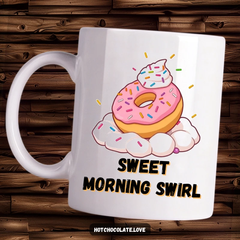 Funny mug featuring a playful donut with colorful sprinkles frolicking joyfully in a swirl of whipped cream.