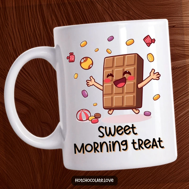 Funny joyful chocolate bar juggling tiny candies, radiating happiness and sugary fun, perfect for a delightful beverage.