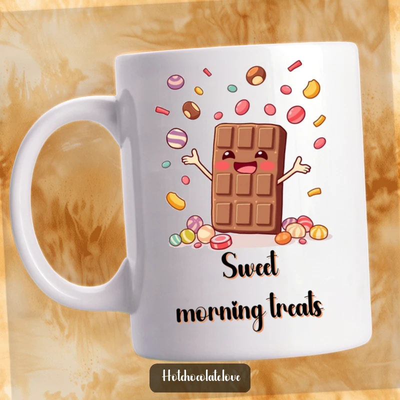 Funny mug graphic of a joyful chocolate bar skillfully juggling small candies, representing fun and sweetness, perfect funny gift.
