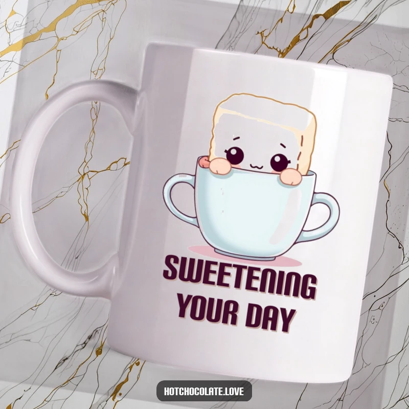Funny mug featuring a curious sugar cube character playfully peeking over the rim of a coffee cup, adding a touch of whimsy.