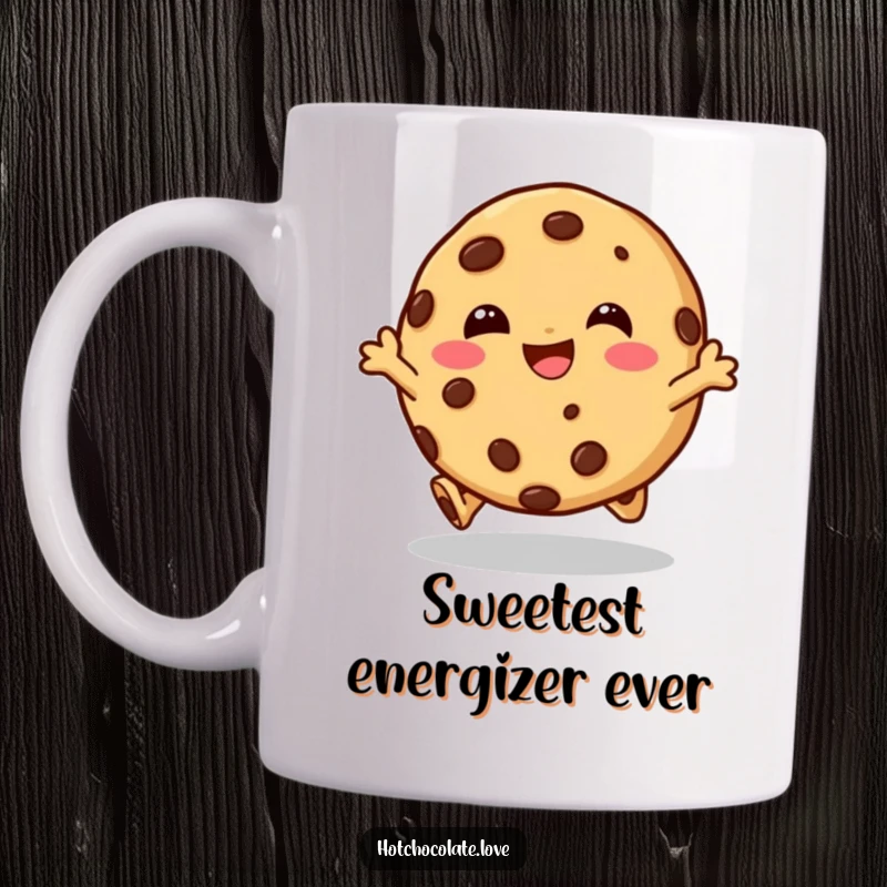 Funny mug showcasing a giggling chocolate chip cookie character joyfully hopping, radiating happiness and playful energy.