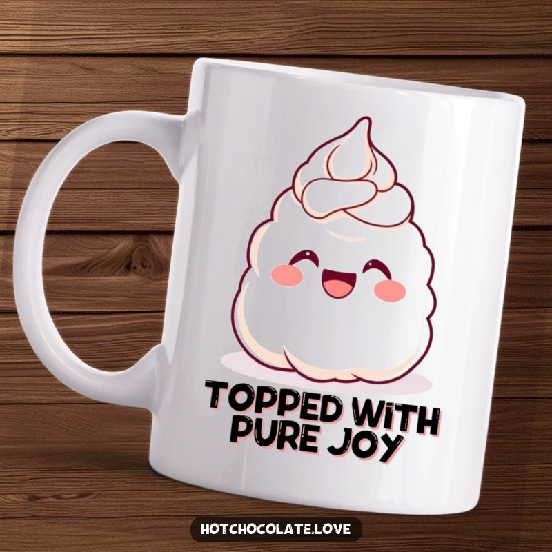 Funny Mug featuring a content dollop of whipped cream cheering with pure glee, embodying sweet joy and delightful happiness.