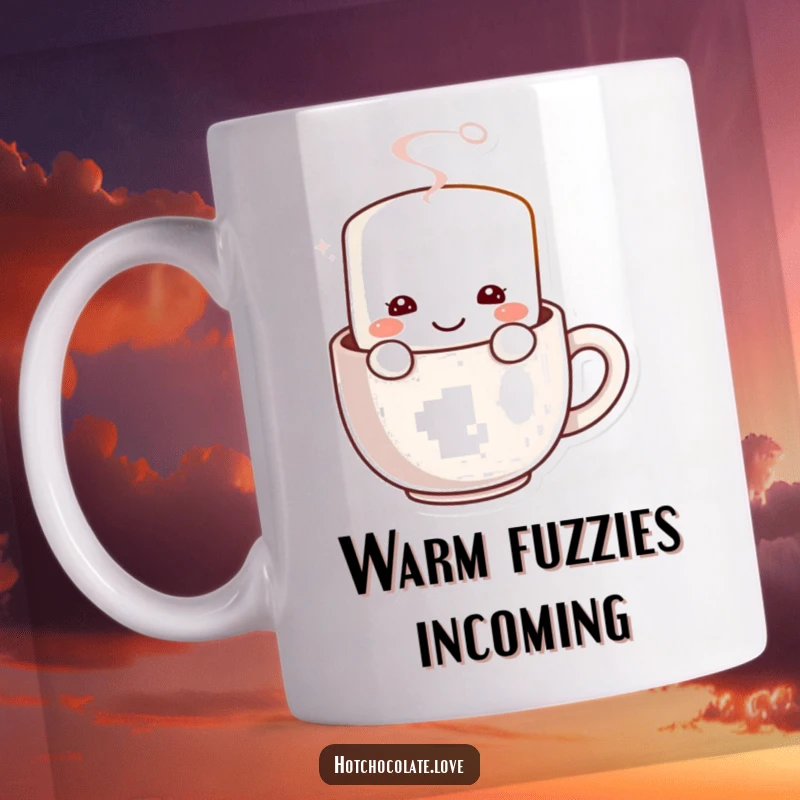Funny Marshmallow Mug: A cute, smiling marshmallow character peeking from a steaming mug, radiating warmth and sweetness.