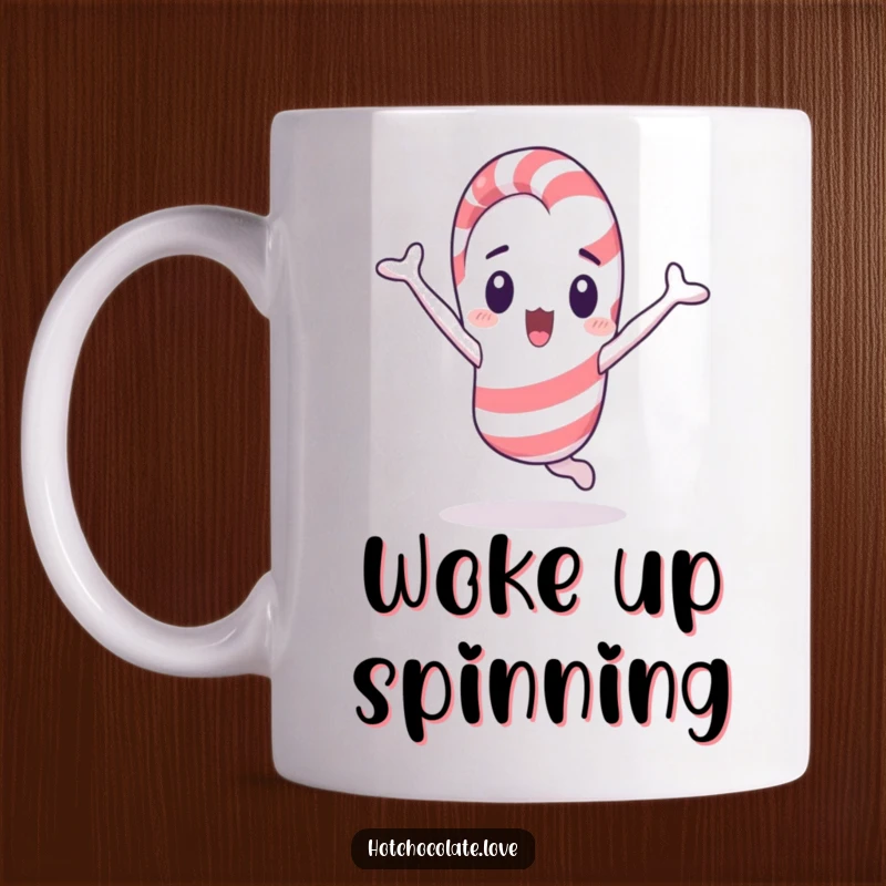 Funny surprised candy cane character performing an energetic cartwheel, a delightful and humorous mug design.