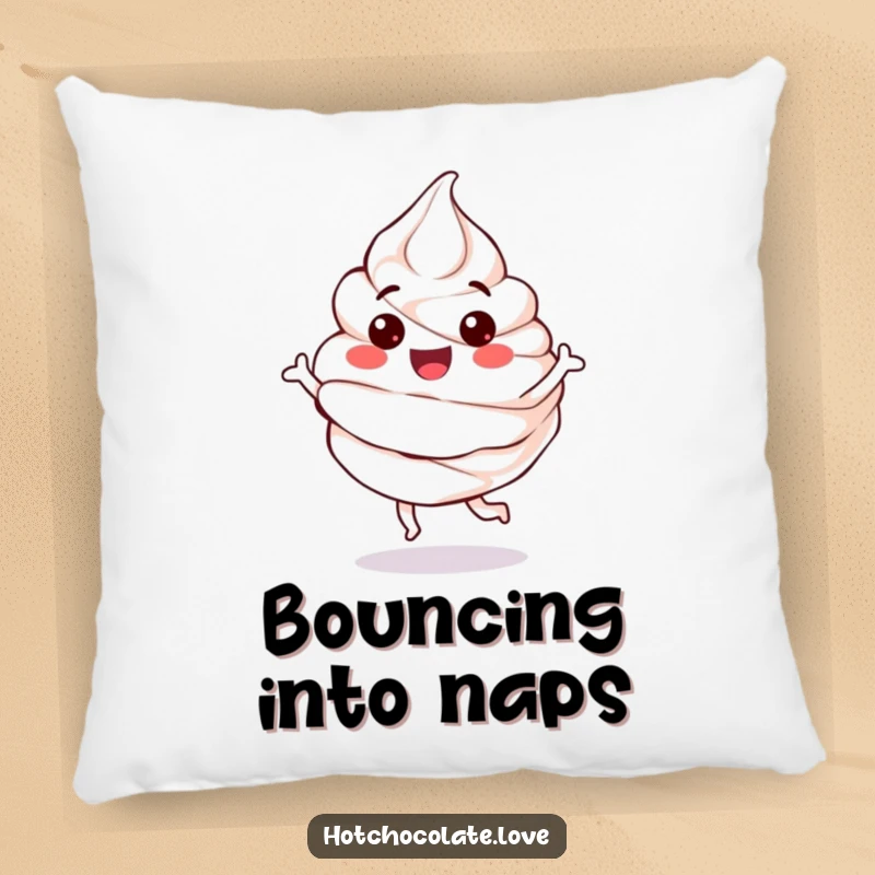 Funny Pillow featuring a happy, anthropomorphic whipped cream dollop in a playful bounce, adding comfort and sweet decor.