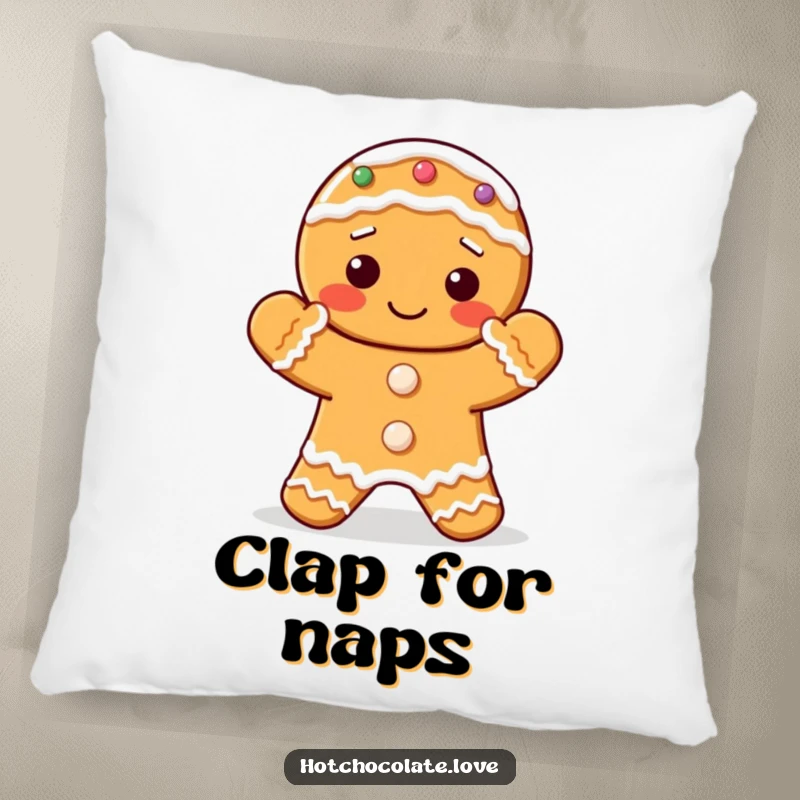 Funny throw pillow featuring a delightful gingerbread cookie with its frosted hands clapping.