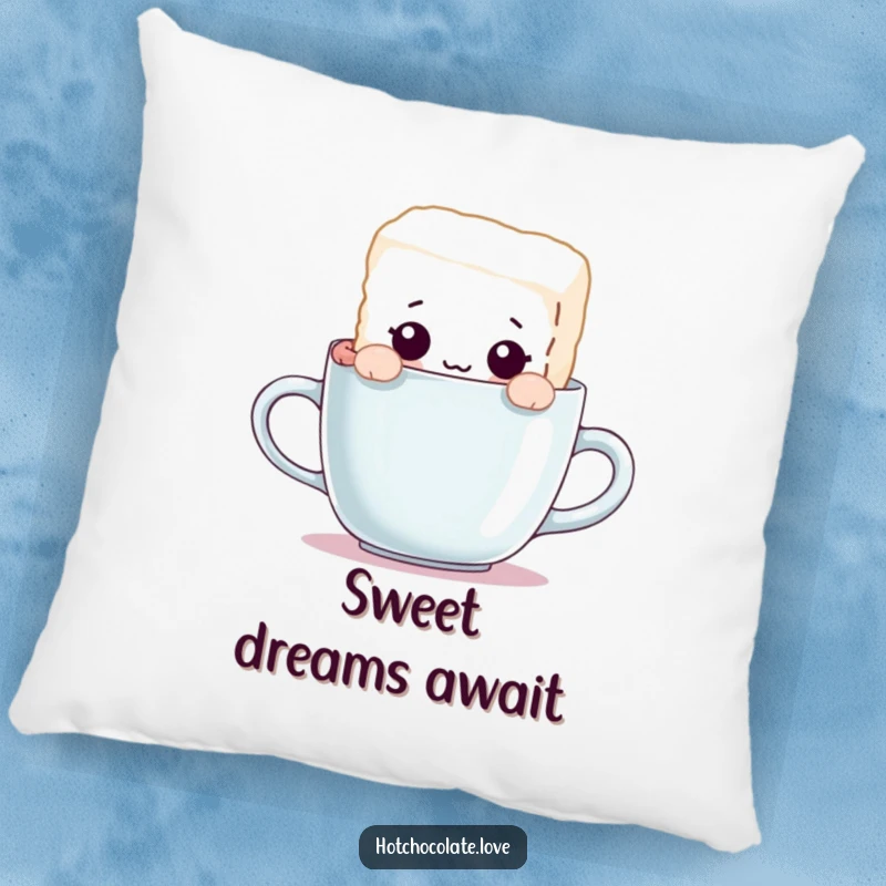Funny pillow featuring a curious sugar cube character peeking over a mug's rim, offering cozy comfort and a whimsical touch.