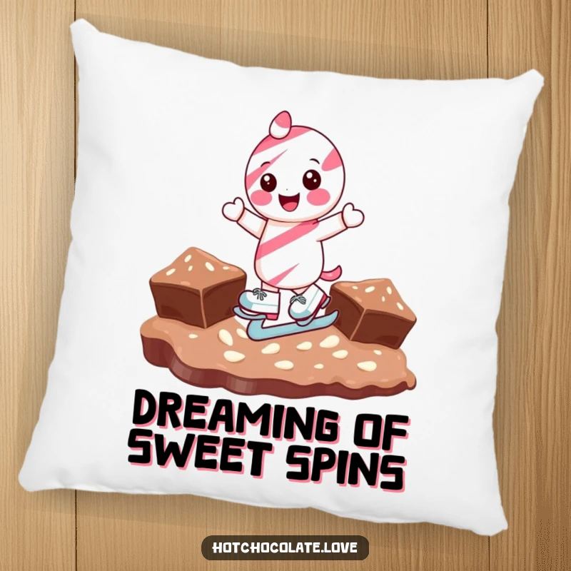 Funny candy cane character ice skating on chocolate, designed for a comfortable and humorous pillow, perfect for lounging.
