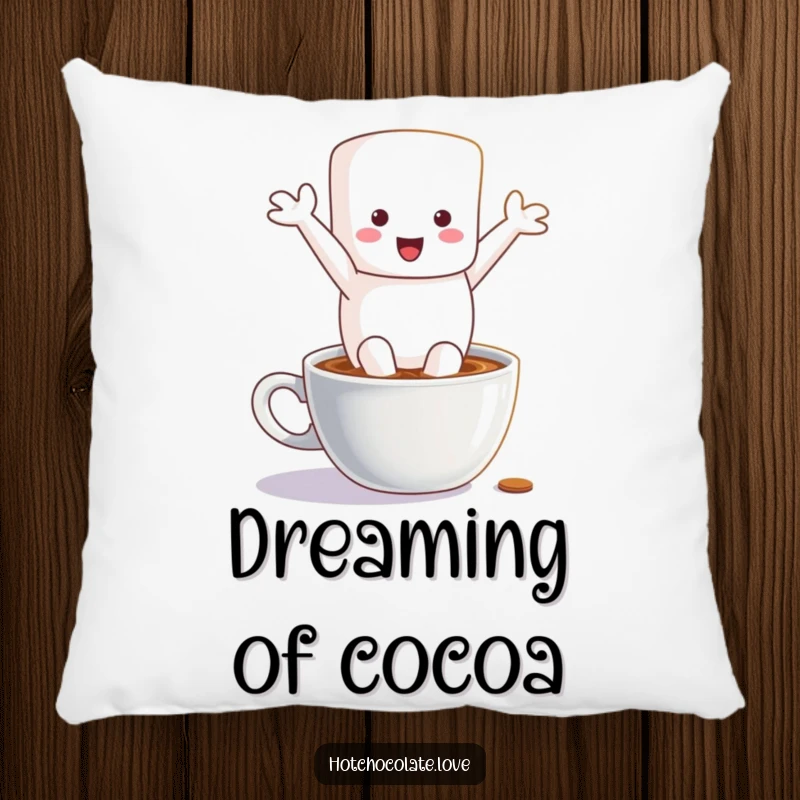 Funny pillow designed with a cheerful marshmallow character diving with glee into a hot chocolate mug, perfect for cozy humor.