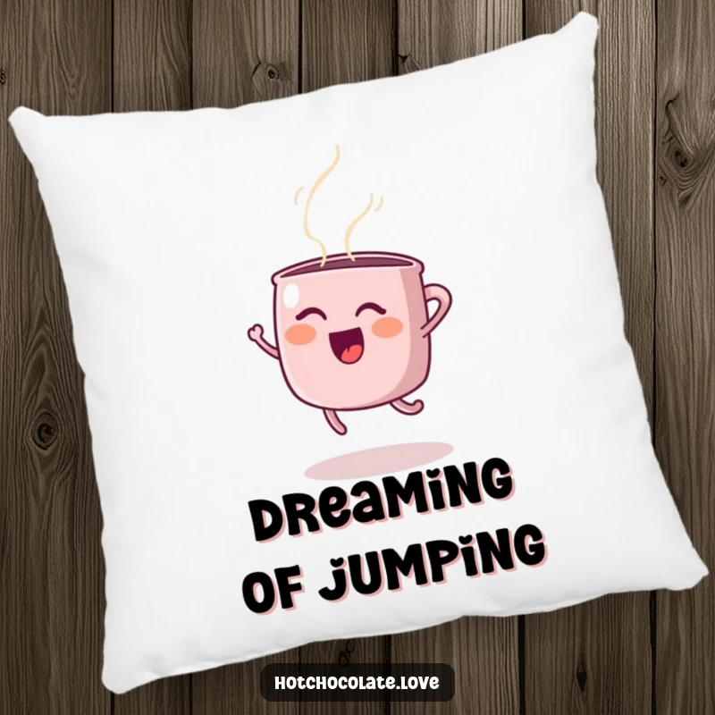 Funny pillow design showcasing a happy steaming mug doing a spirited joyful jump, adding comfort and humor to home decor, funny gift.