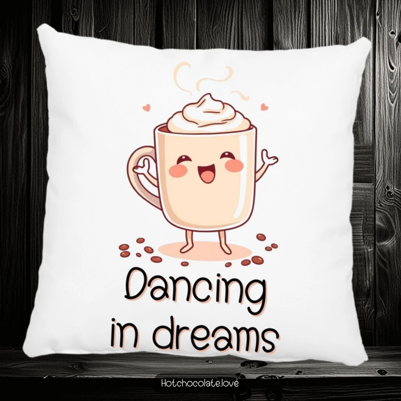 Funny pillow showcasing a steaming mug of hot chocolate personified, doing a happy dance, providing comfort and a dose of cozy humor.