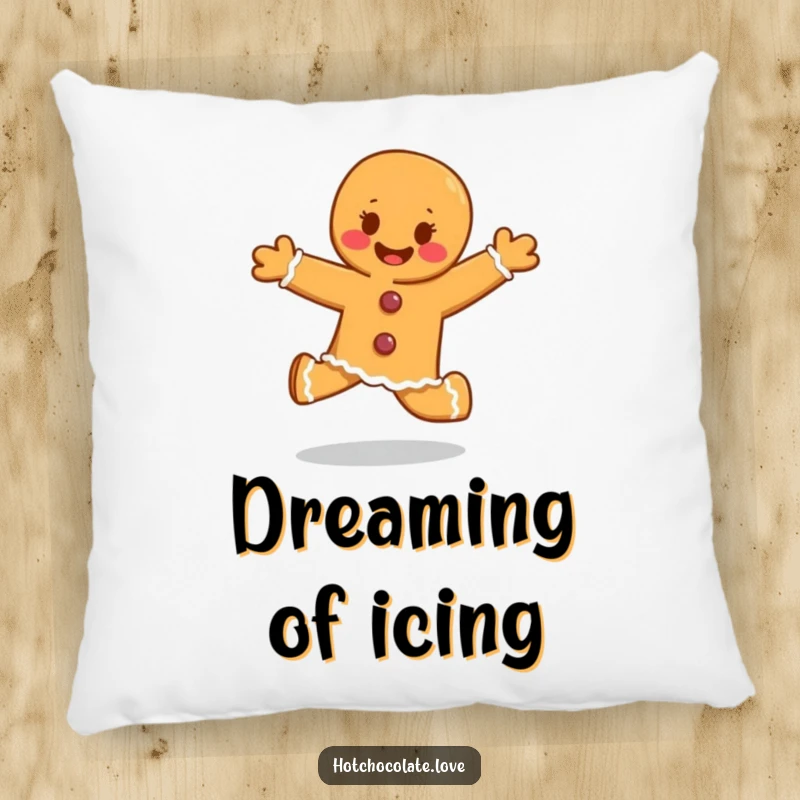 Funny gingerbread person skipping with glee, a soft and humorous decorative pillow for sweet dreams.