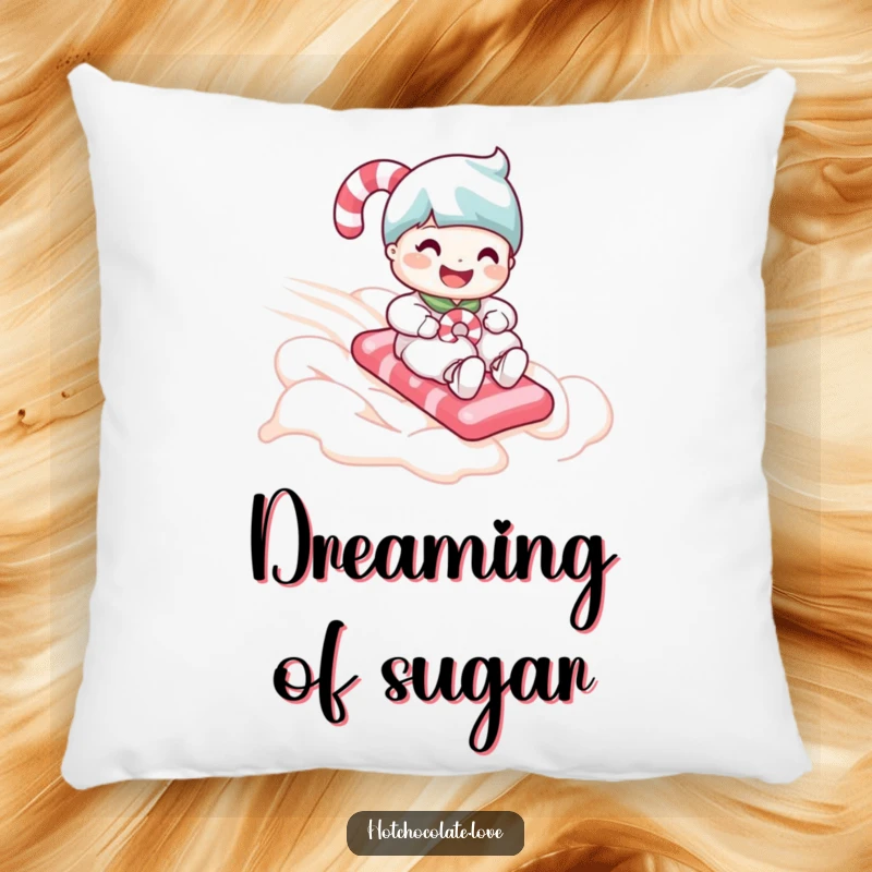 Funny candy cane character smiling while sliding down a soft, white whipped cream slope, designed on a plush pillow.