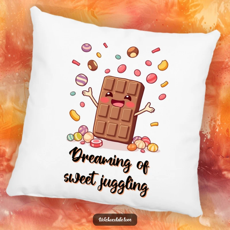 Funny pillow design of a joyful chocolate bar juggling tiny candies, adding soft charm and humorous appeal to home decor, funny gift.