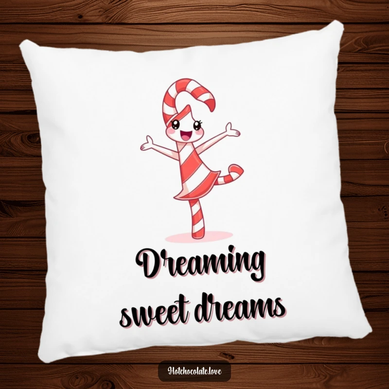 Funny Candy Cane Pillow depicting a delighted candy cane doing a silly pirouette with festive stripes, offering cozy festive humor.