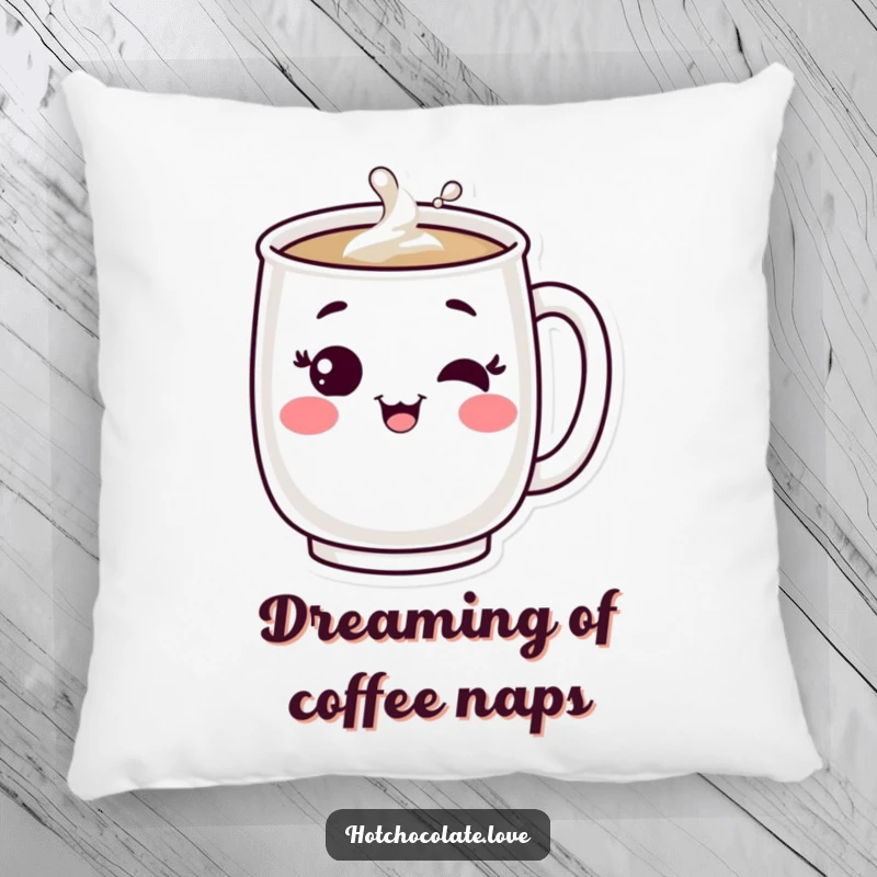 Funny pillow: A bubbling mug character winking contentedly. Soft and amusing home accent.