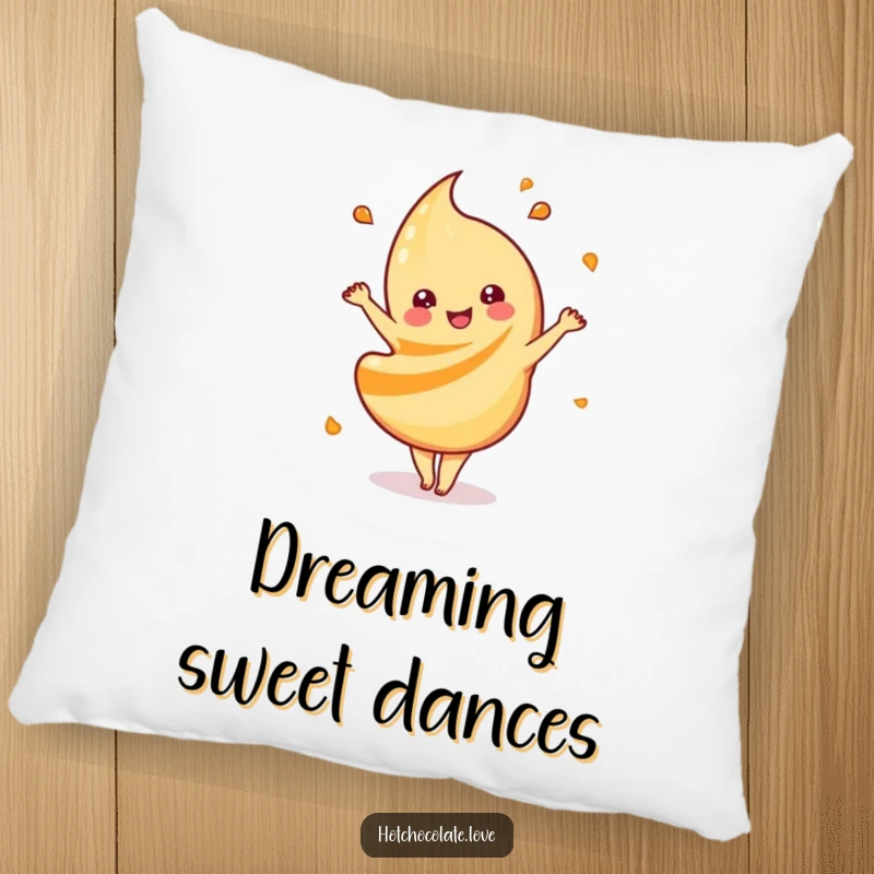 Funny playful caramel swirl pillow, doing a happy dance, offering cozy comfort and sweet, energetic fun.