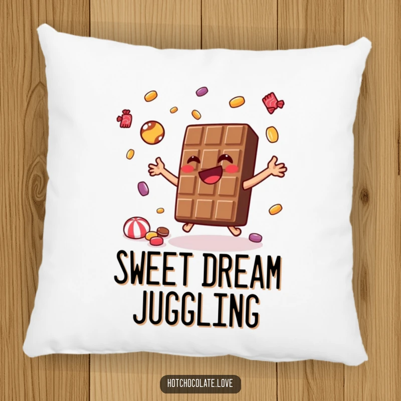 Funny Pillow featuring a joyful chocolate bar juggling tiny candies, providing humorous comfort and a sweet accent.