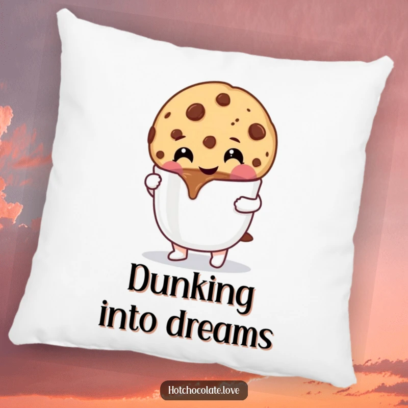 Funny Cookie Pillow: A cheerful chocolate chip cookie dipping into hot chocolate, providing cozy comfort and sweet charm.