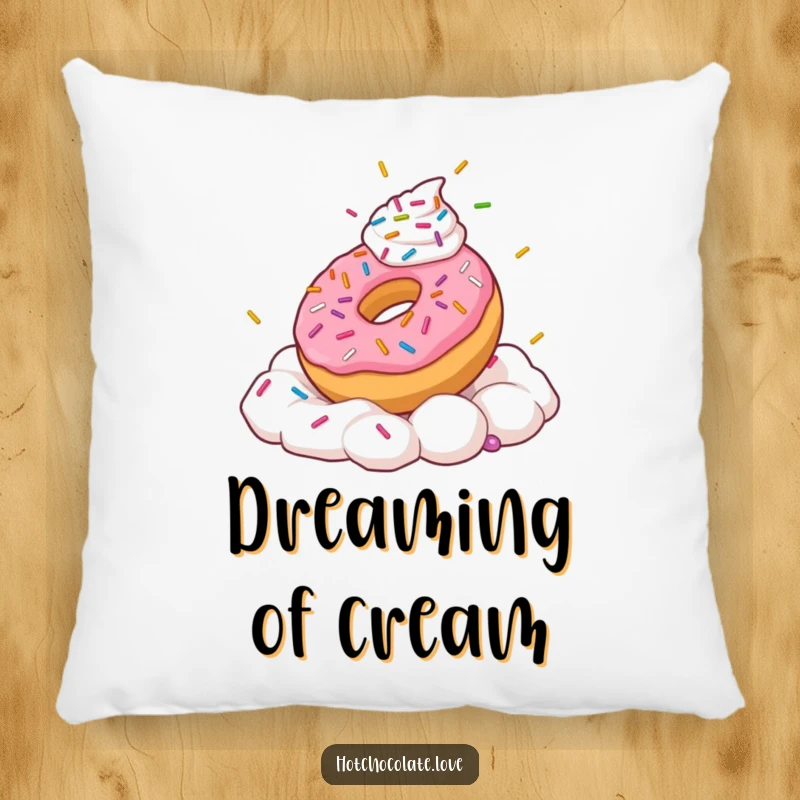 Funny throw pillow featuring a playful donut with sprinkles frolicking in a dollop of whipped cream.