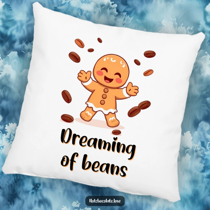 Funny pillow depicting a happy gingerbread man character juggling cocoa beans with glee, adding a festive touch.