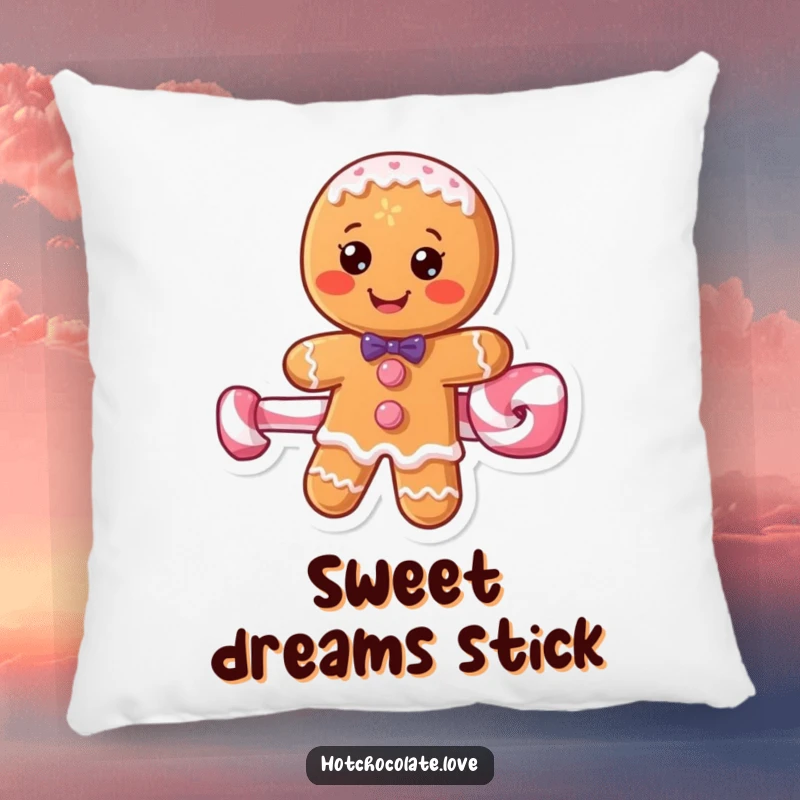 A soft pillow featuring a funny gingerbread man enjoying a ride on a peppermint stick.