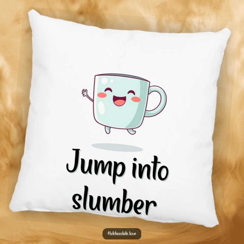 Funny Pillow featuring a happy steaming mug in a joyful jump, providing humorous comfort and a cheerful accent.