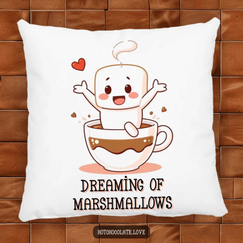 Funny pillow showcasing a cheerful marshmallow character diving into a mug of hot chocolate, providing comfort and a dose of cozy humor.
