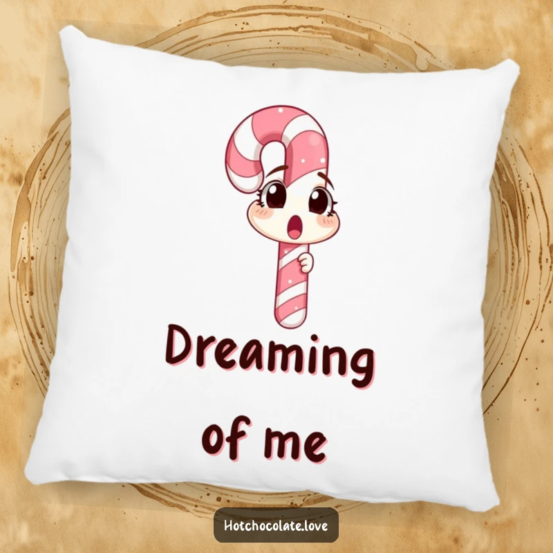 Funny candy cane character expressing surprise at its reflection, featured on a soft pillow, perfect for cozy holiday moments.