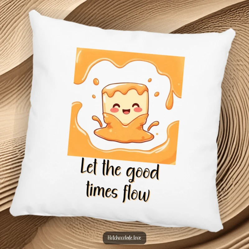 Funny pillow displaying a joyful caramel cube character melting happily into a creamy puddle, providing soft humor and comfort.