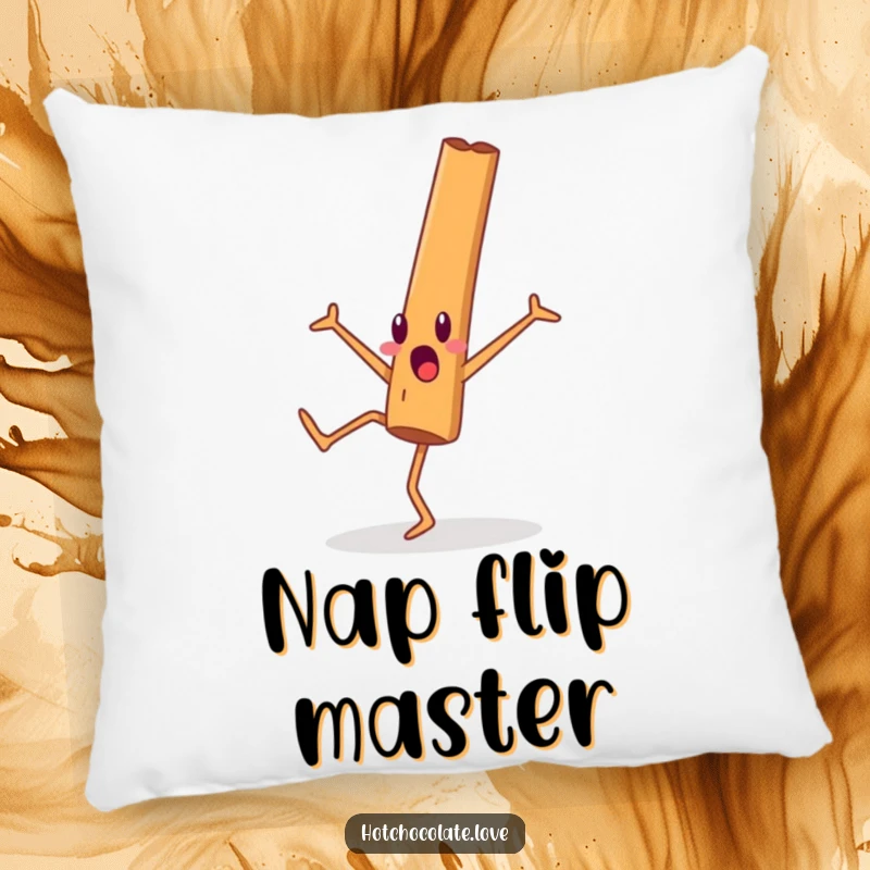Funny cinnamon stick character in a surprised pose during a cartwheel, designed on a soft, decorative pillow.